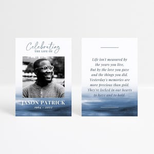 Blue Memorial Card Template for Man, Funeral Favors, Printable Prayer Card, Wallet Obituary Card, Male Funeral Memory Card
