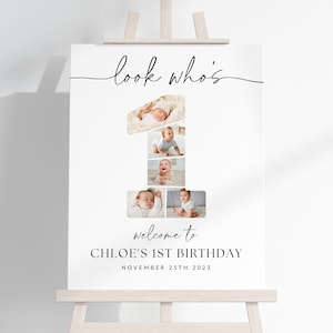 1st Birthday Photo Collage TEMPLATE, Look Who&#39;s 1, Customizable Collage Board, Photo Montage Display Poster, Digital Download DIY Party Sign