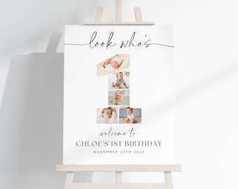 1st Birthday Photo Collage TEMPLATE, Look Who&#39;s 1, Customizable Collage Board, Photo Montage Display Poster, Digital Download DIY Party Sign