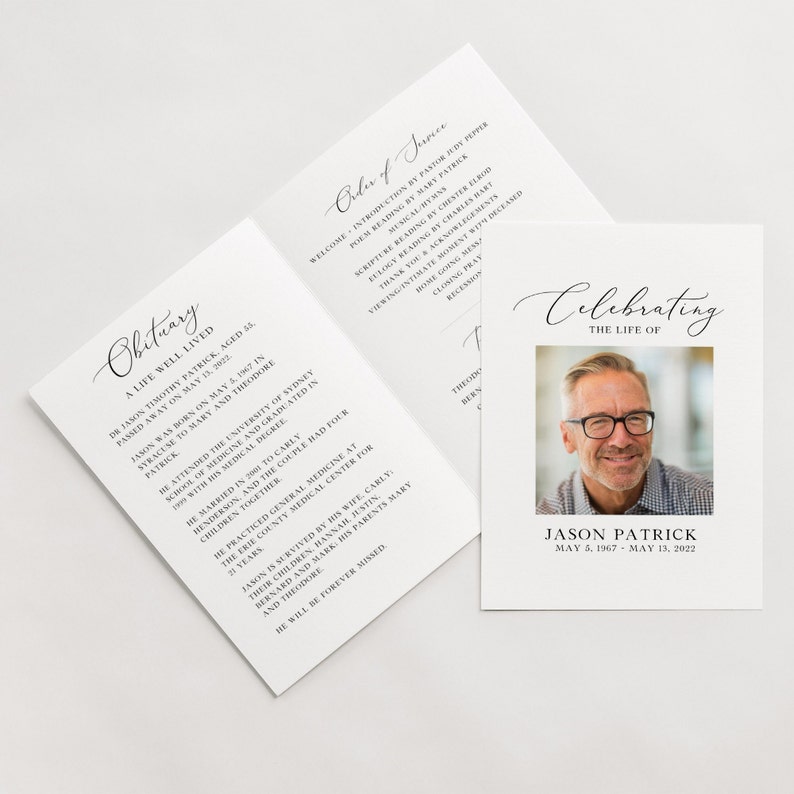 Minimalist Funeral Template Bundle, Funeral Stationery Collection, Simple Memorial Template Bundle, Celebration of Life Funeral Set, Funeral Decor, Funeral Keepsake, Black and White memorial, Funeral Stationery for Men, Order of Service Card