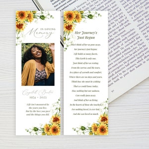 Funeral Bookmark TEMPLATE with sunflowers, Celebration of Life Memorial Bookmark, Yellow floral Book Marker, Funeral Keepsake Favors