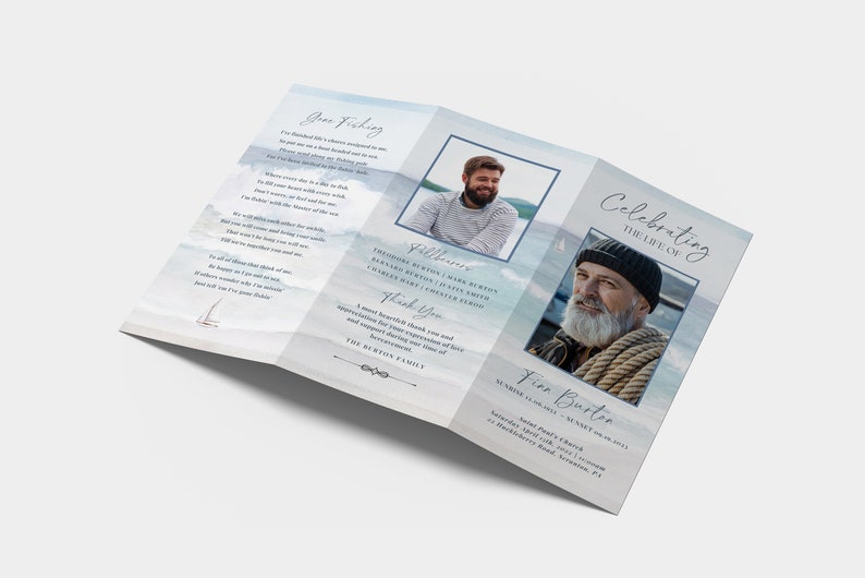 Fish Funeral Program Design Trifold Funeral Program TEMPLATE for Men, Gone Fishing Fisherman ...