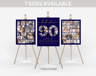 Navy Blue and Gold 90th Birthday Photo Collage Poster TEMPLATE Set, Look who's 90, Customizable Photo Collage Board, Photo Montage Display