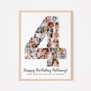Könnte beinhalten: Ein gerahmtes Foto-Collage aus Fotos eines Mädchens, die in Form der Zahl vier angeordnet sind. Der Text "Happy Birthday Bethany! Four years old and full of wonder" ist unter dem Collage gedruckt.