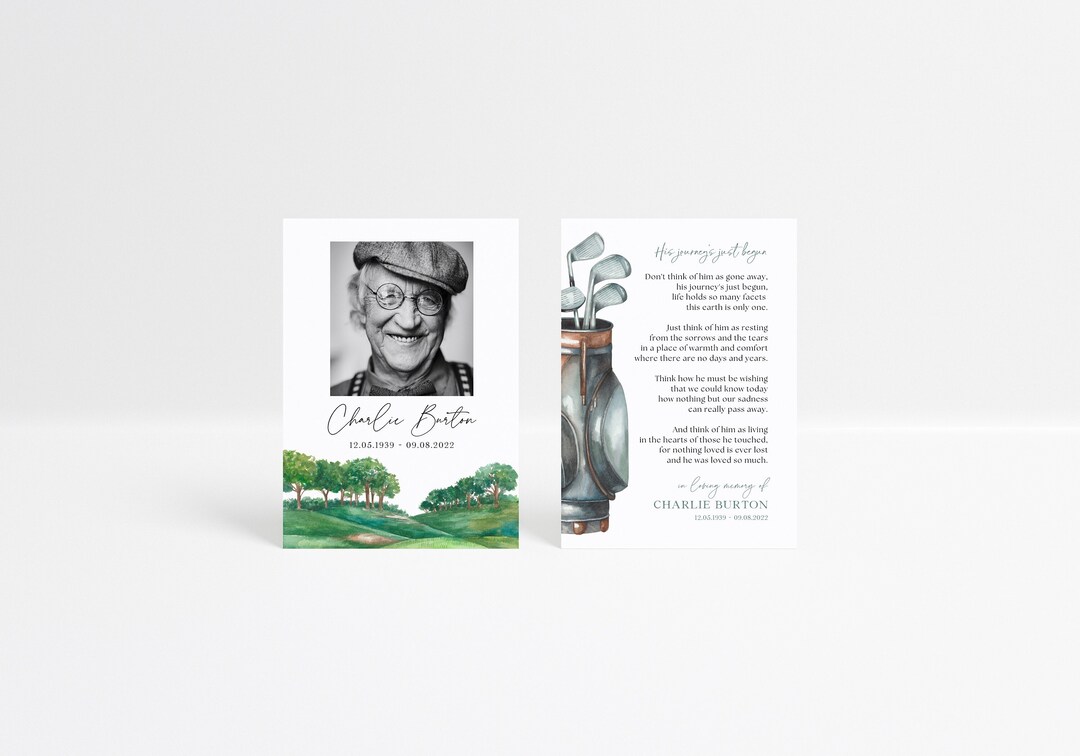 Golf Memorial Card Template, His Journey's Just Begun Poem Prayer Card, Double Sided Obituary