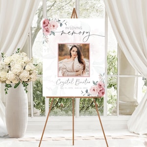 Pink Rose Celebration of Life Funeral Sign TEMPLATE for Woman, In Loving Memory for Female, Simple Funeral Easel Memorial Poster for Women
