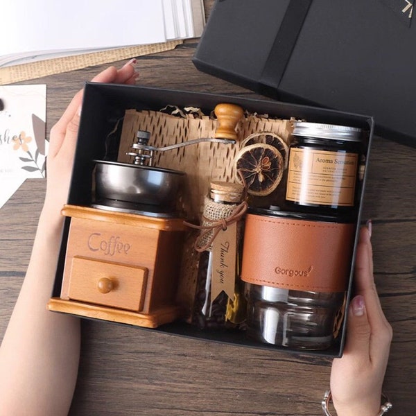 Manual Coffee Grinder Package, Thank You Gift Box For Men and Women, Coffee Lovers Gift, Hygge Gift Box,Birthday Gift Basket for Dad, Friend