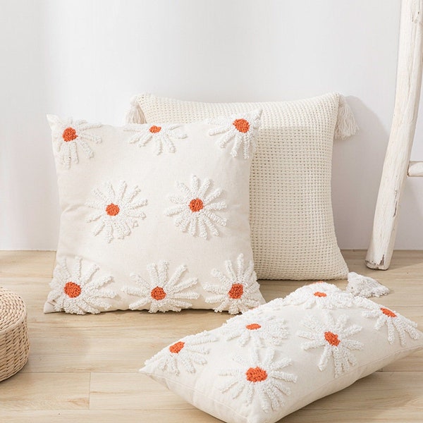 Flower Punch Needle Pillow Cover, Hand Tufted Daisy flower Pillows, Sofa Decorative Cushion Case, Embroidered Floral Decorative Pillow