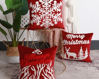 Copo de nieve de Navidad decorado Funky Pillow Cover, reno patrón sofá cuadrado cojín funda, decoración de la casa de navidad Funda de almohada roja