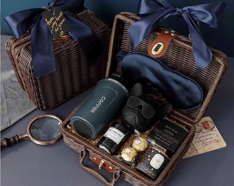 Panier tressé en rotin, cadeau de garçon d'honneur, coffret cadeau masque bleu pour les yeux, coffret cadeau sommeil, coffret cadeau d'anniversaire pour homme, cadeau fête des pères