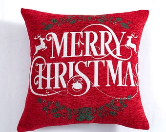 Algodón rojo jacquard Funda de almohada Regalo de Navidad, Navidad Copo de nieve Patrón Sofá Tirar Funda de almohada, Casa de campo Decoración de Navidad Cojín Cubierta