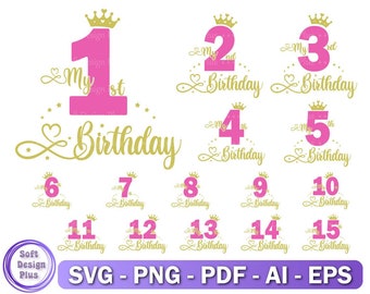 1-15 Geburtstags-Svg-Bundle, Png, Mein Geburtstags-Svg, Geburtstags-Königin-Svg, Geburtstags-Prinzessin-Svg, Geburtstagskind-Svg, Cricut, Png, Pdf, Ai, Eps