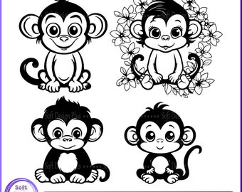 Baby Affe SVG, Affe SVG, Affe Clipart, INSTANT Download, Dschungel Tier Monogramm, Affe Vektor, Affe Silhouette, Doodle Tier Cutout