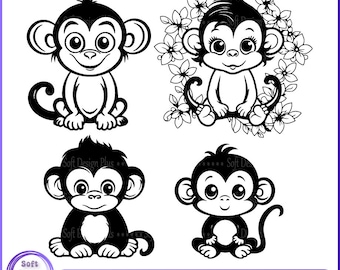 Baby Monkey Svg, Monkey Svg, Monkey Clipart, INSTANT Download,  Jungle Animal Svg,  Monkey Vector, Monkey Silhouette, Doodle Animal Svg