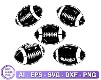 Peut inclure: Cinq images en silhouette noire et blanche de ballons de football américain. Chaque ballon a une bande blanche au milieu et des lacets.