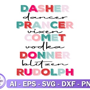 Dasher Dancer Prancer Vixen Whiskey Tequila Vodka Blitzen, Divertente Natale SVG, Download immediato, Taglio, Cricut, Silhouette