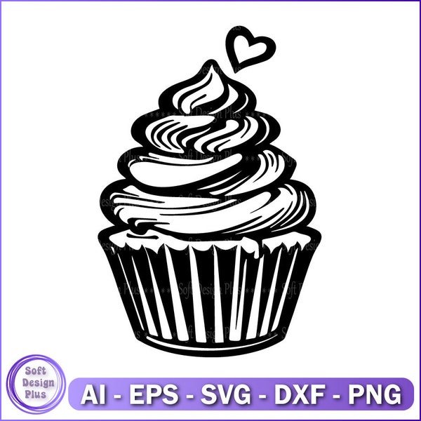 Cupcake SVG, Cake Cut file, Cupcake Outline SVG, Birthday svg, Cupcake clipart, Cupcake Hearts Svg, Sweet Bakery Svg, Valentines Cupcake Svg