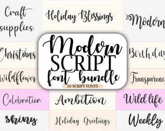 May include: A digital download of 16 modern script fonts. The fonts are displayed in a collage of different colors and backgrounds. The text "Modern Script Font Bundle" is displayed in a large, bold font.
