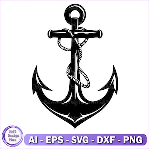 May include: A black anchor with a rope wrapped around the top. The anchor is a nautical symbol of hope and safety.