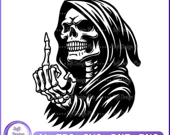 Grim Reaper Skeleton SVG PNG: Middle Finger Skull Vector (Digital Download