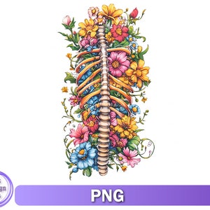 May include: A colorful floral arrangement with a human ribcage in the center. The flowers are in shades of pink, yellow, blue, and green. The ribcage is a light brown color.