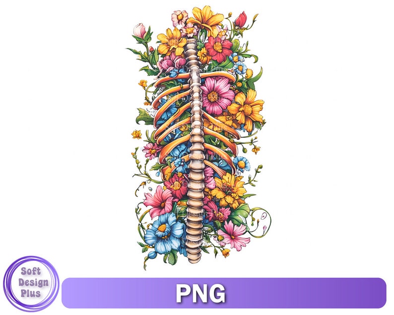 May include: A colorful floral arrangement with a human ribcage in the center. The flowers are in shades of pink, yellow, blue, and green. The ribcage is a light brown color.