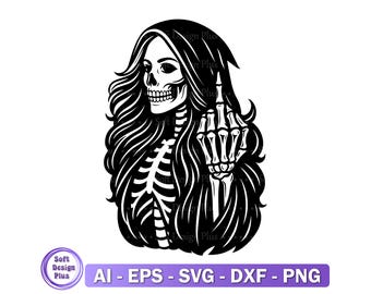 Female Skeleton Middle Finger SVG PNG, Grim Reaper Woman Cut File, Gothic Tattoo Skull Vector, Halloween Skeleton for Cricut, Reaper Clipart