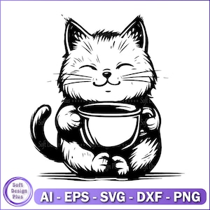 Cat SVG , Cat Silhouette, cat with coffee,coffee svg, Cat with mug svg, Transparent Background