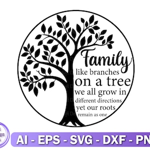 Pu&ograve; includere: Silhouette in bianco e nero di un albero con il testo "Family like branches on a tree we all grow in different directions yet our roots remain as one".