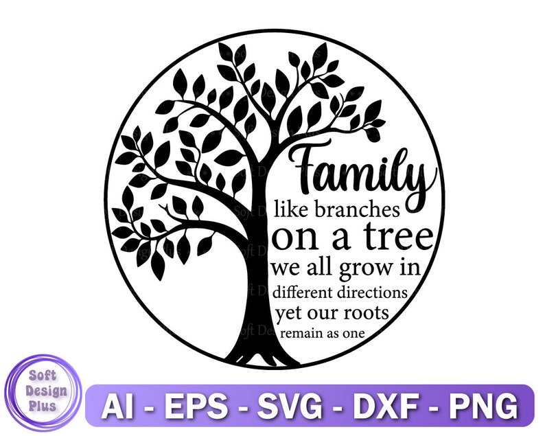 Pu&ograve; includere: Silhouette in bianco e nero di un albero con il testo "Family like branches on a tree we all grow in different directions yet our roots remain as one".