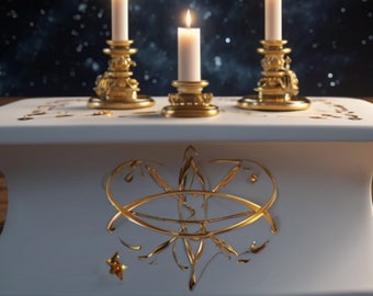 Könnte beinhalten: Drei goldene Kerzenhalter mit weißen Kerzen auf einem weißen Sockel mit goldenem Design. Die Kerzen sind angezündet und der Hintergrund ist dunkelblau mit weißen Sternen.