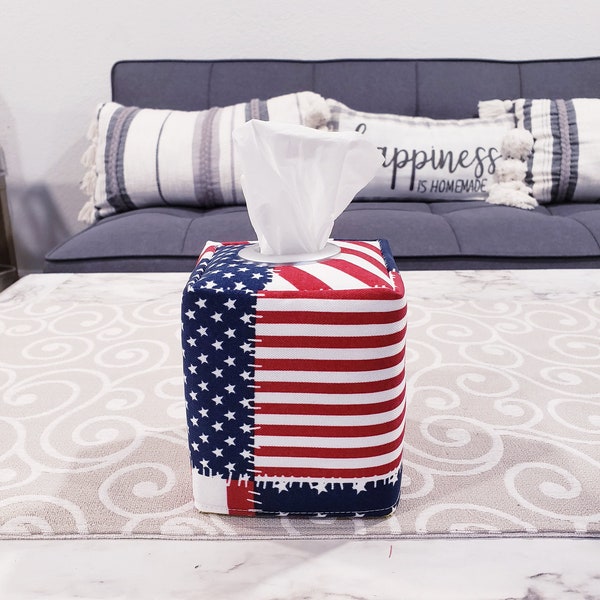 Farm House, Patriotic, Decorative Cover, Tissue Cover, Square Tissue Holder, Tissue Cover Box, Cotton, Fabric,  Case, American Flag