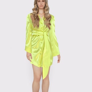 green long sleeve silk short dress Olive Satin Wrap Long Sleeve Mini Dress – AX Paris main image 0