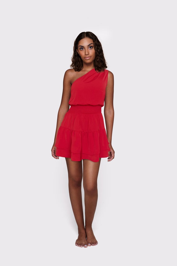 One Shoulder Smocked waistband Ruffle Dress