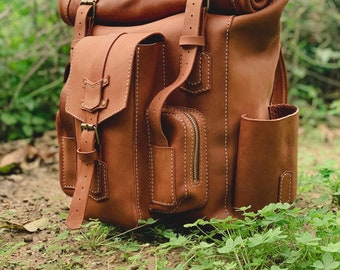 Zaino in pelle rolltop lederen rolltop rugzak mannen rolltop rugzak lederen reistas| Lederen Rolltop Rugzak