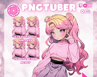 Linda Chica Anime PNGTuber / Cabello Rosa / Streaming / Twitch Kick Youtube Discord / Veadotube Mini / Imagen Reactiva / Prefabricado / Listo para usar