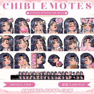 Puede incluir: Un conjunto de 18 emoticonos animados de Twitch con un personaje de dibujos animados de pelo largo y negro. Los emoticonos representan varias expresiones y acciones, incluyendo "GG", "Hype", "Lurk" y "Raid".