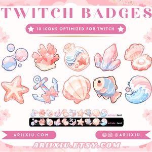 Peut inclure: Un ensemble de 10 badges Twitch de style cartoon coloré avec des icônes sur le thème de l'océan comme des coquillages, des étoiles de mer, des coraux et une bouteille avec une étoile de mer à l'intérieur. Le texte "TWITCH BADGES" et "10 ICONS OPTIMIZED FOR TWITCH" est en haut de l'image.