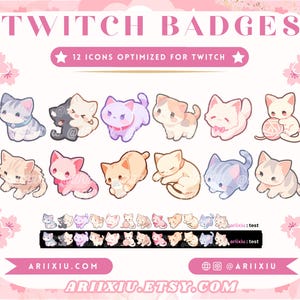 Chibi Kitten Doodles-badgeset | Leuke pastelkleurige kat Twitch-sub/bit-badges en emotes | Pictogrammen kanaalpunten | YouTube Kick Discord-rollen streamen
