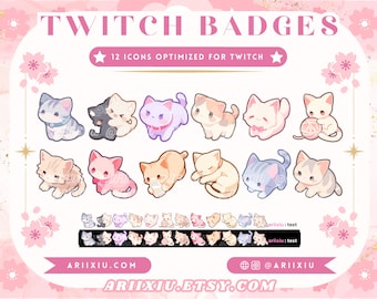 Insignias de suscripción de gatito chibi pastel, fragmentos y puntos de canal para Twitch, TikTok, YouTube y Discord