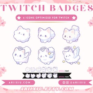 Insignia de gato angelical de nube / Suscripción a Twitch de gatito lindo / Insignias de bits / Íconos de puntos de canal / Estética suave / Roles de Discord de YouTube