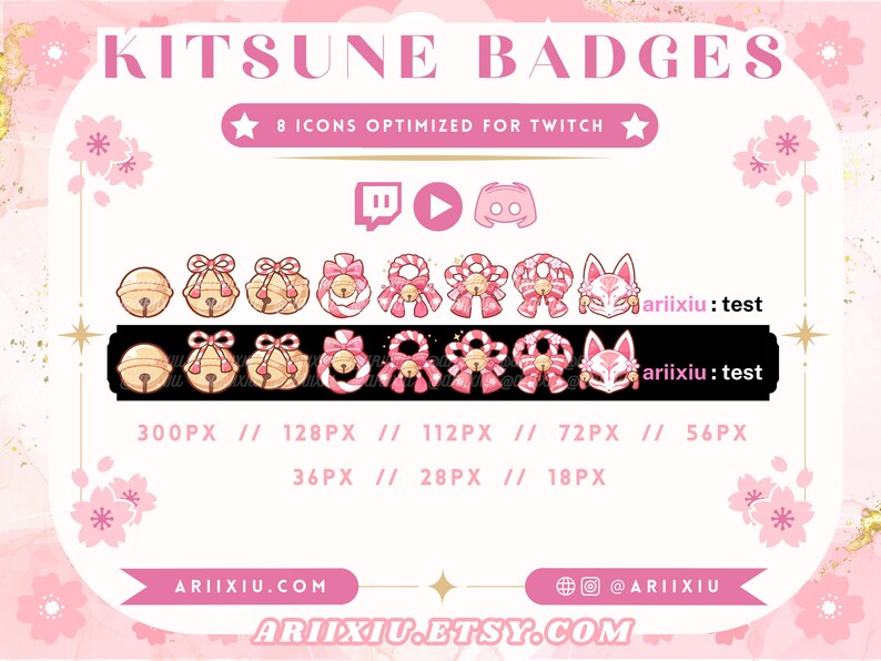 Pink Kitsune Shrine Bell Badges Sakura Aesthetic Cute Twitch Sub