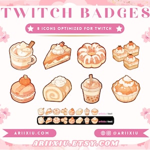 Może przedstawiać: Osiem ilustrowanych odznak Twitch przedstawiających różne desery, w tym latte z przyprawami dyniowymi, kawałek ciasta dyniowego, roladę dyniową, pączek dyniowy, babeczkę dyniową, muffinkę dyniową, ciasteczko dyniowe i milkshake dyniowy. Odznaki są zoptymalizowane pod kątem Twitch i są dostępne do kupienia na stronie internetowej ariixiu.com.