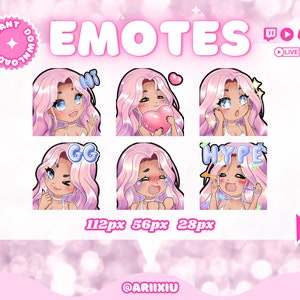 Puede incluir: Un conjunto de seis emoticonos animados que presentan un personaje de pelo rosa con diferentes expresiones. Los emoticonos incluyen "Hola", "GG", "Hype", "Amor", "Llorar" y "Sorprendido". Los emoticonos están diseñados para su uso en Twitch y otras plataformas de transmisión.