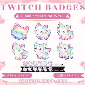May include: Six iridescent cat-themed Twitch badges with a rainbow color scheme. The badges feature a variety of cat poses, including sitting, standing, and flying. The text "TWITCH BADGES" and "6 ICONS OPTIMIZED FOR TWITCH" is displayed at the top of the image. The text "arixiu: test" is displayed at the bottom of the image.