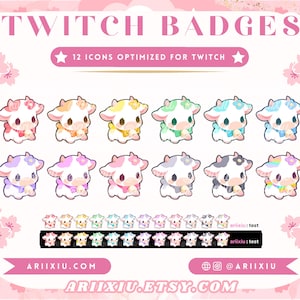 May include: Twelve colorful cartoon cow badges optimized for Twitch. Each badge features a different color scheme and a cute cow design. The badges are perfect for adding a touch of whimsy to your Twitch channel.