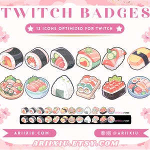 Sushi Night Badge Set | Cute Twitch Sub / Bit Cheer Badges & Emotes | Channel Points Icons | Maki Nigiri Stream YouTube TikTok Discord Roles
