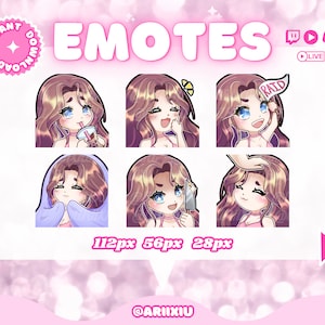 Puede incluir: Seis emoticonos animados que muestran a una mujer de dibujos animados con cabello castaño y ojos azules. Los emoticonos están en diferentes poses, incluyendo beber un té de boba, reír, cubrirse la cara con una manta, sostener un cuchillo y que le acaricien la cabeza. Los emoticonos están etiquetados con el texto "EMOTES" y el texto "112px 56px 28px".