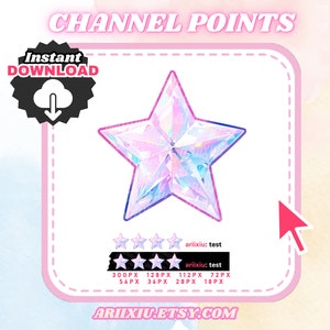 Könnte beinhalten: Ein holografischer rosa und blauer Stern mit weißem Umriss. Der Stern befindet sich auf einem weißen Hintergrund mit rosa Rand. Der Text "CHANNEL POINTS" steht oben im Bild in rosa Buchstaben. Der Text "Instant DOWNLOAD" befindet sich in einem schwarzen Kreis mit einer weißen Wolke und einem Download-Pfeil. Der Text "ariixiu: test" wird zweimal in schwarzer Schrift auf weißem Hintergrund wiederholt. Der Text "300PX 128PX 112PX 72PX 56PX 36PX 28PX 18PX" steht in schwarzer Schrift auf weißem Hintergrund. Der Text "ARIIXIU.ETSY.COM" steht in schwarzer Schrift auf weißem Hintergrund.