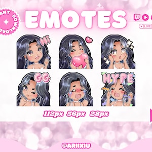 ちびガール かわいい Twitch Discord エモート スターター パック | ストリーミング | ゲーマー | ストリーマー | 漆黒の髪 | 茶色の目 | 中程度の肌色